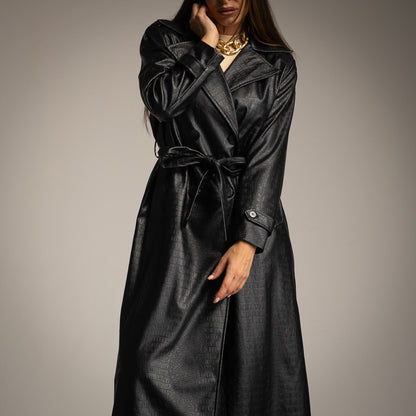 Long Eco Leather Trench Coat in Black