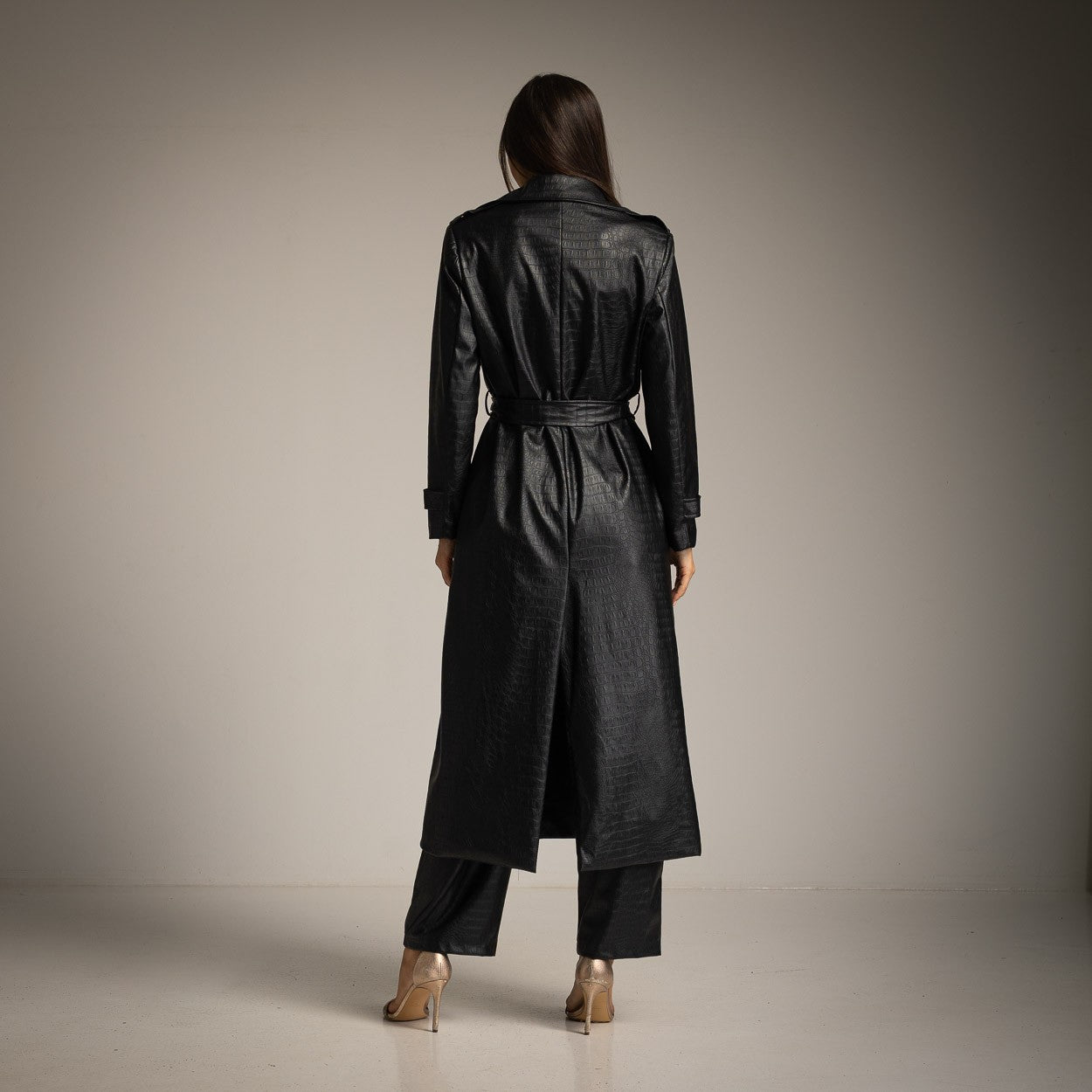 Long Eco Leather Trench Coat in Black