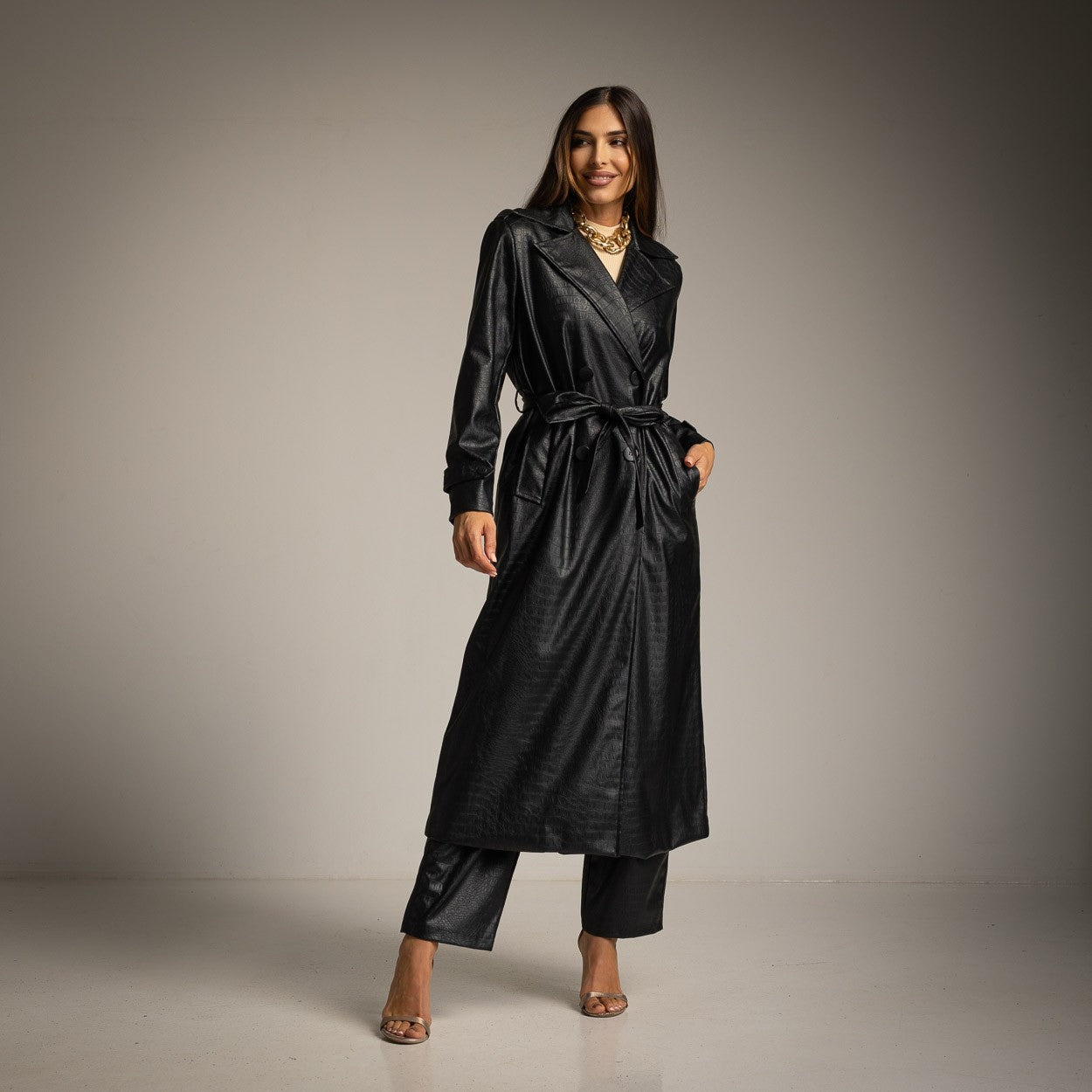 Long Eco Leather Trench Coat in Black