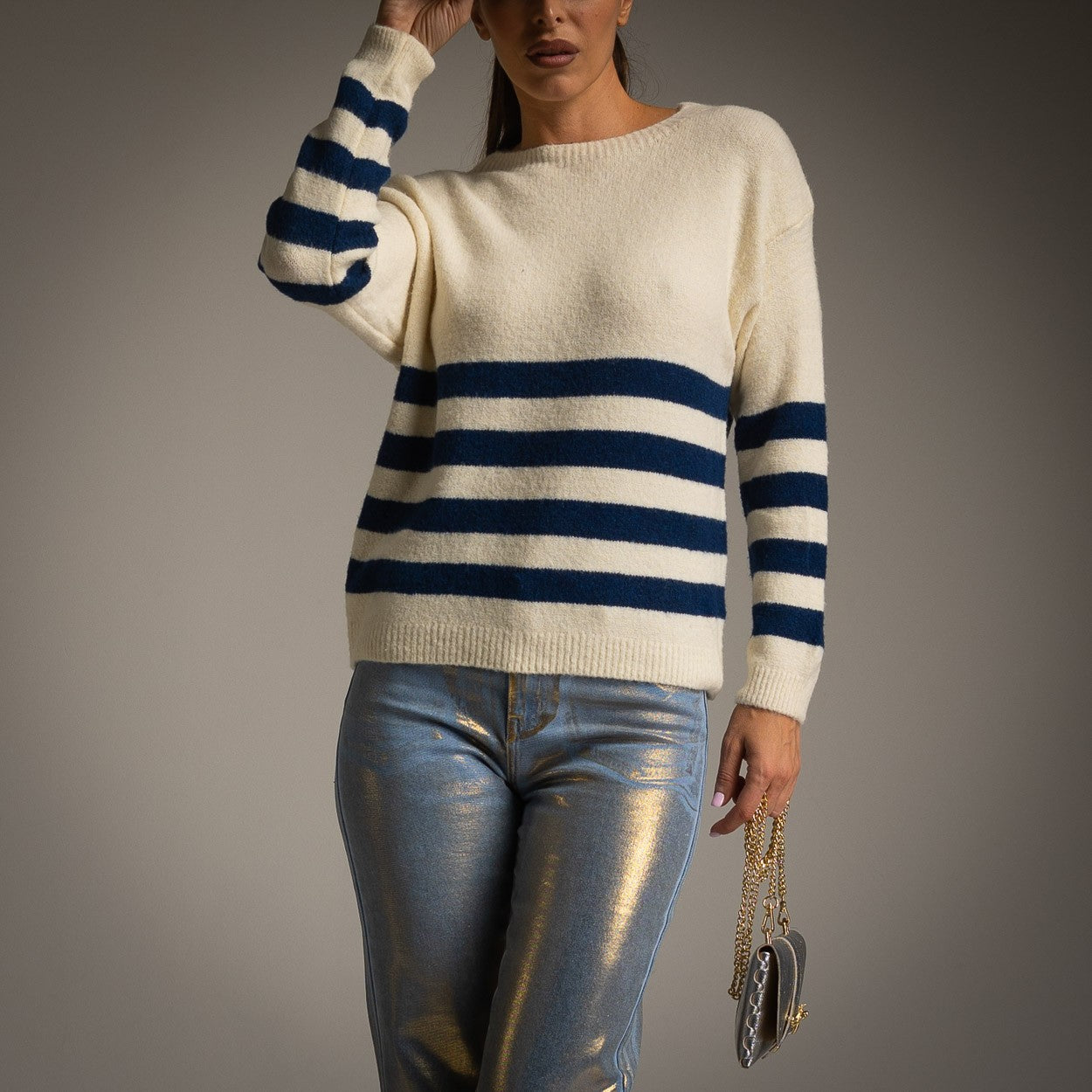 cream boatneck sweater with stripes front  