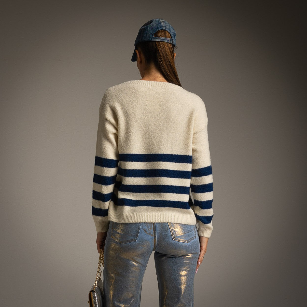 cream boatneck sweater with stripes back