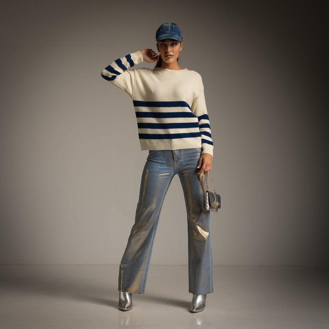 cream boatneck sweater with stripes front  detail  