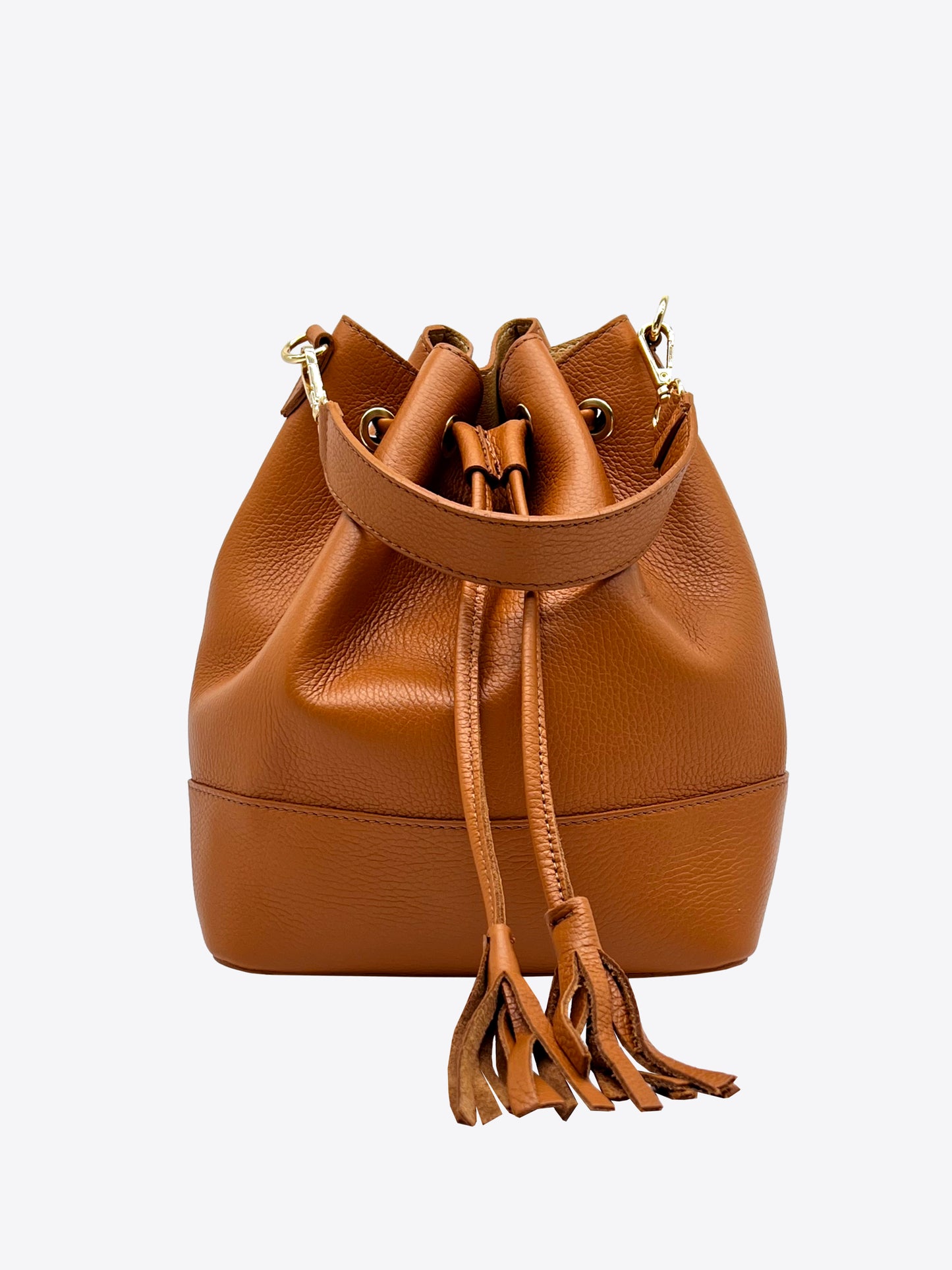 Eli Italian Leather Bucket Bag in Cognac