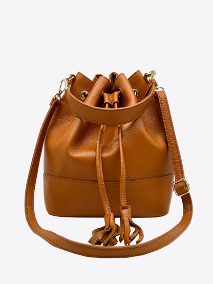 Eli Italian Leather Bucket Bag in Cognac