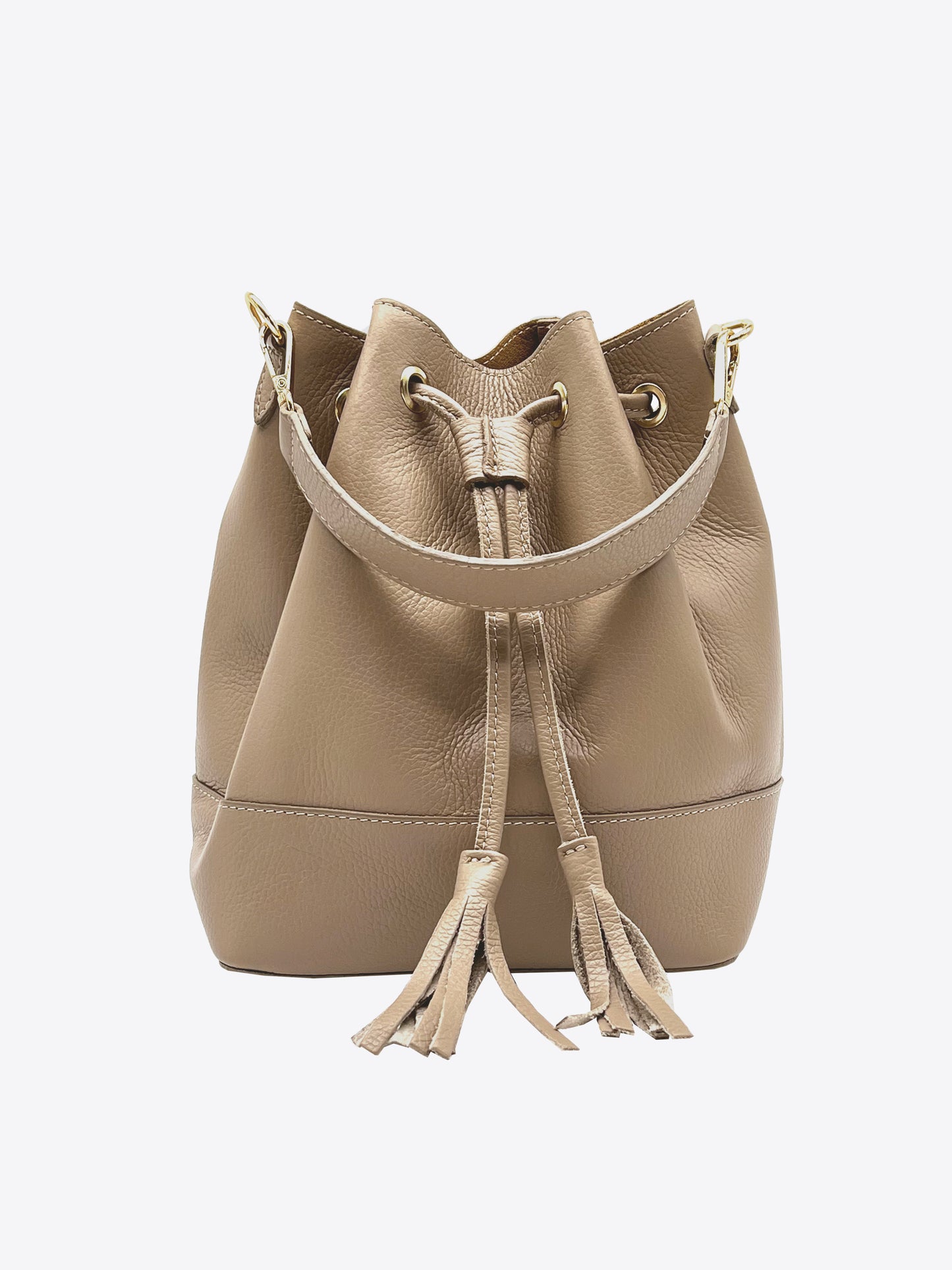 Eli Italian Leather Bucket Bag in Taupe