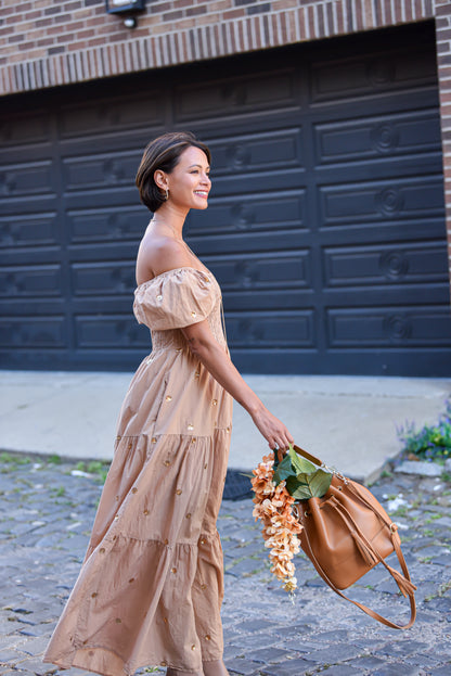 Eli Italian Leather Bucket Bag in Cognac