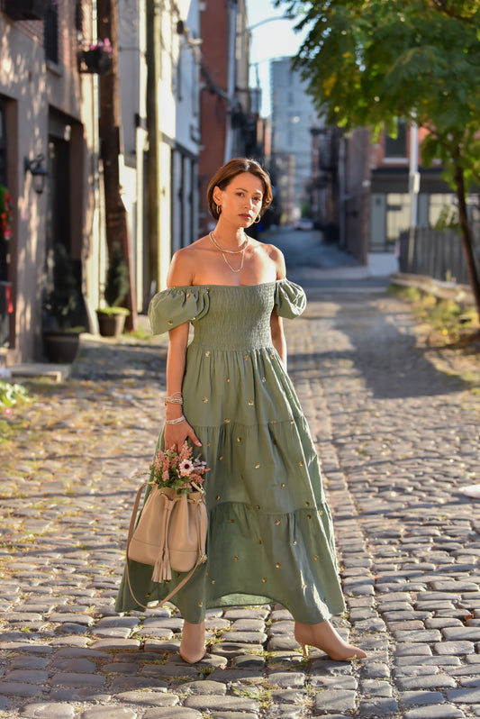 Tiered Smocked Dress with Sequin Details - Green