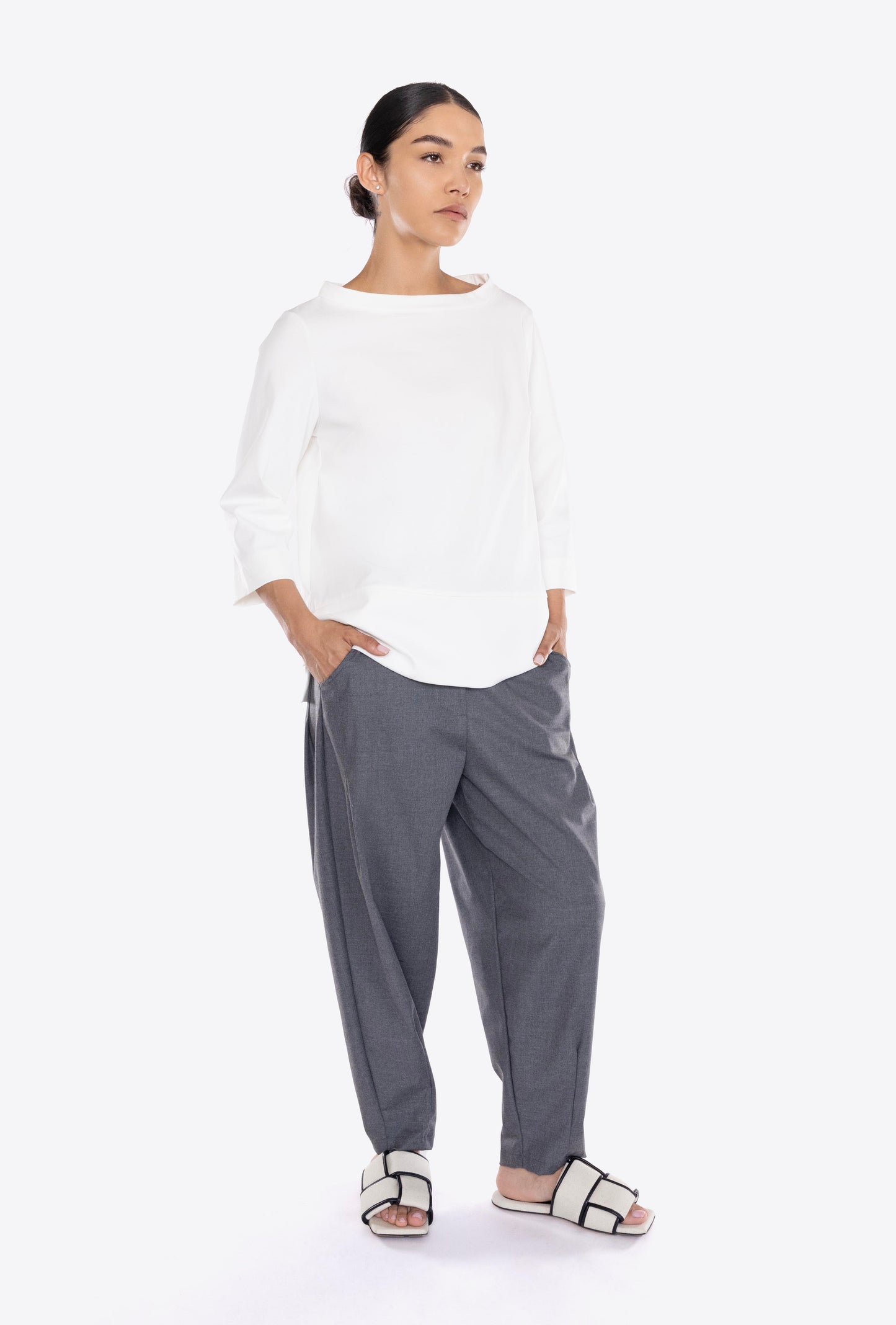 high waist grey trousers front