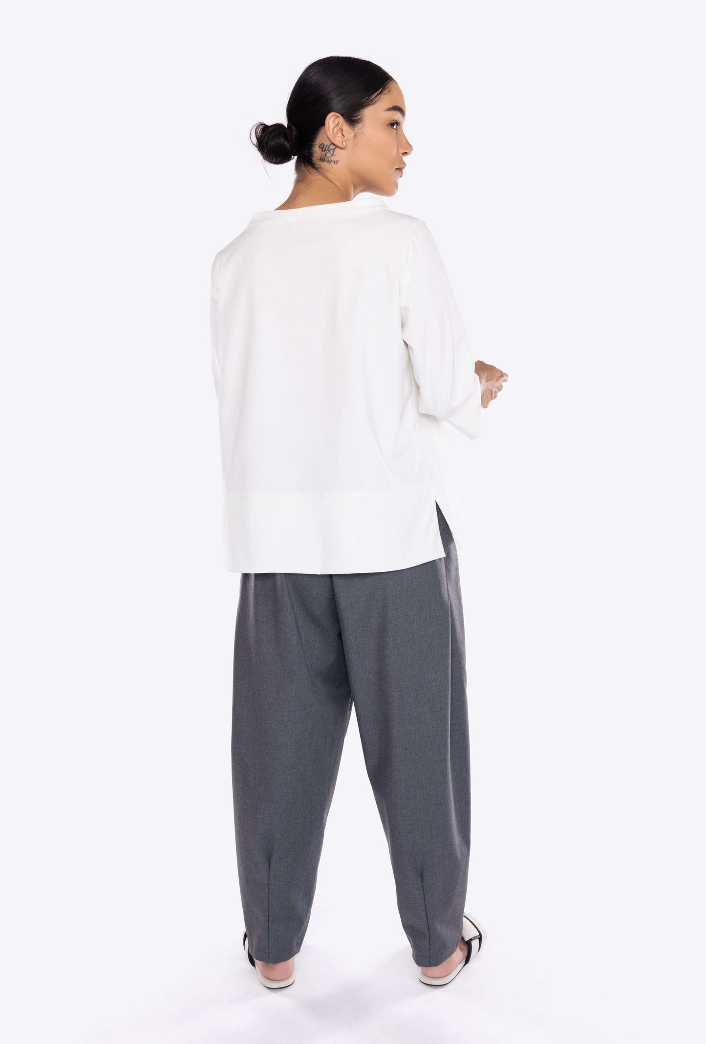 high waist grey trousers back