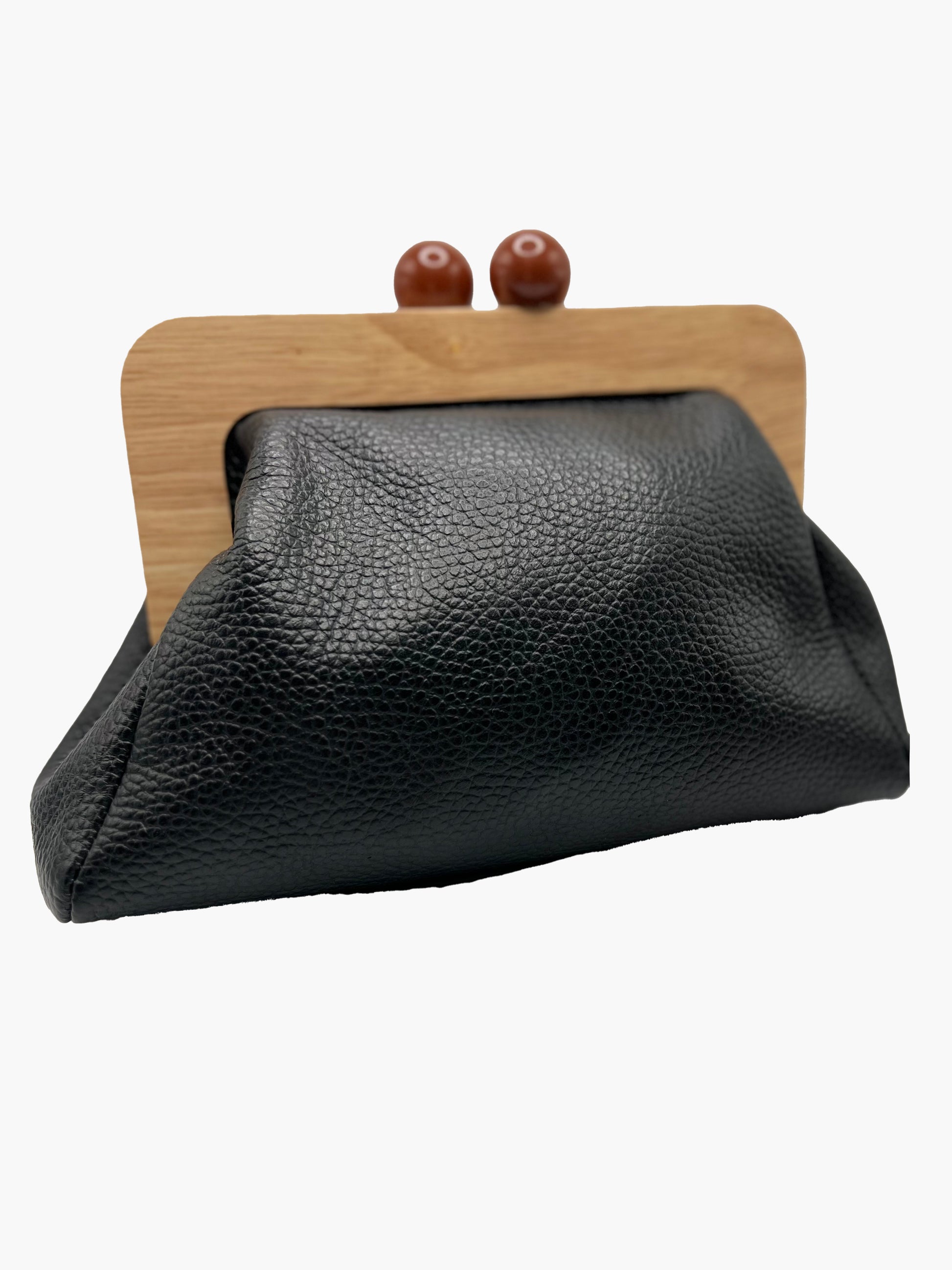 black leather clutch front angled