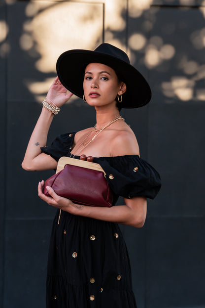 Maya Italian Leather Wood Finish Clutch in Burgundy