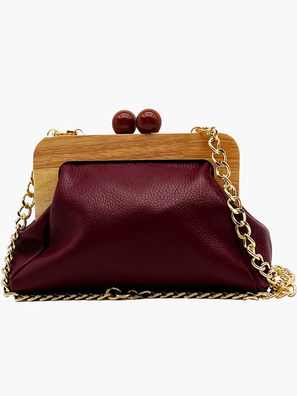 Maya Italian Leather Wood Finish Clutch in Burgundy