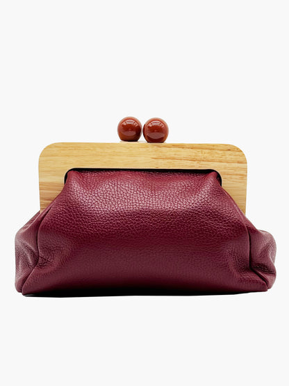 Maya Italian Leather Wood Finish Clutch in Burgundy