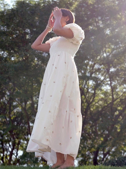 Tiered Smocked Dress with Sequin Details - Cream