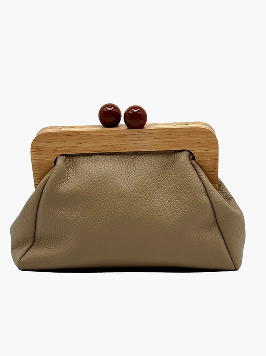 Maya Italian Leather Wood Finish Clutch in Taupe